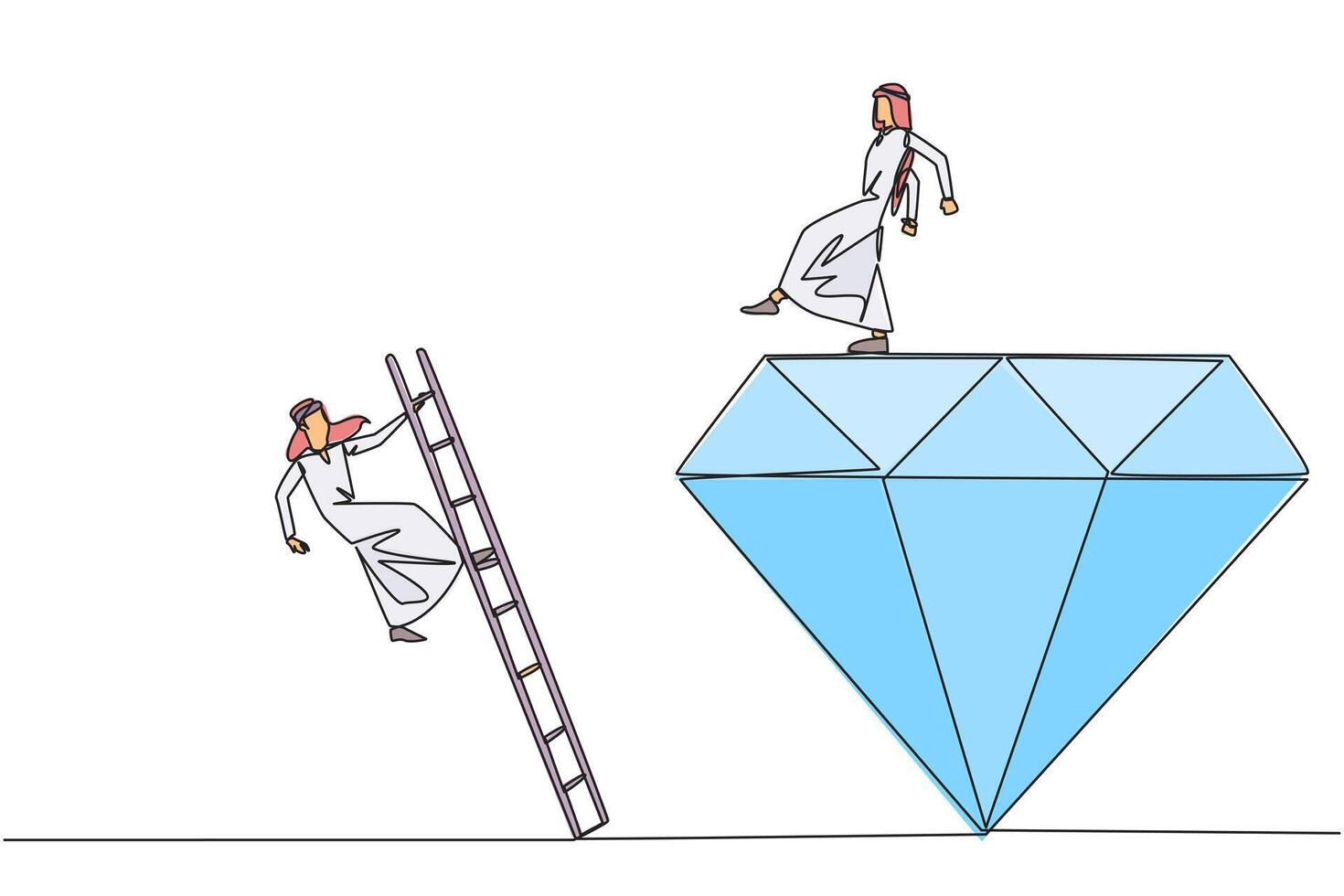 Single continuous line drawing Arab businessman kicks rival who climbs the diamond with a ladder. Knocking rival down from achieving a glorious position together. One line design illustration vector