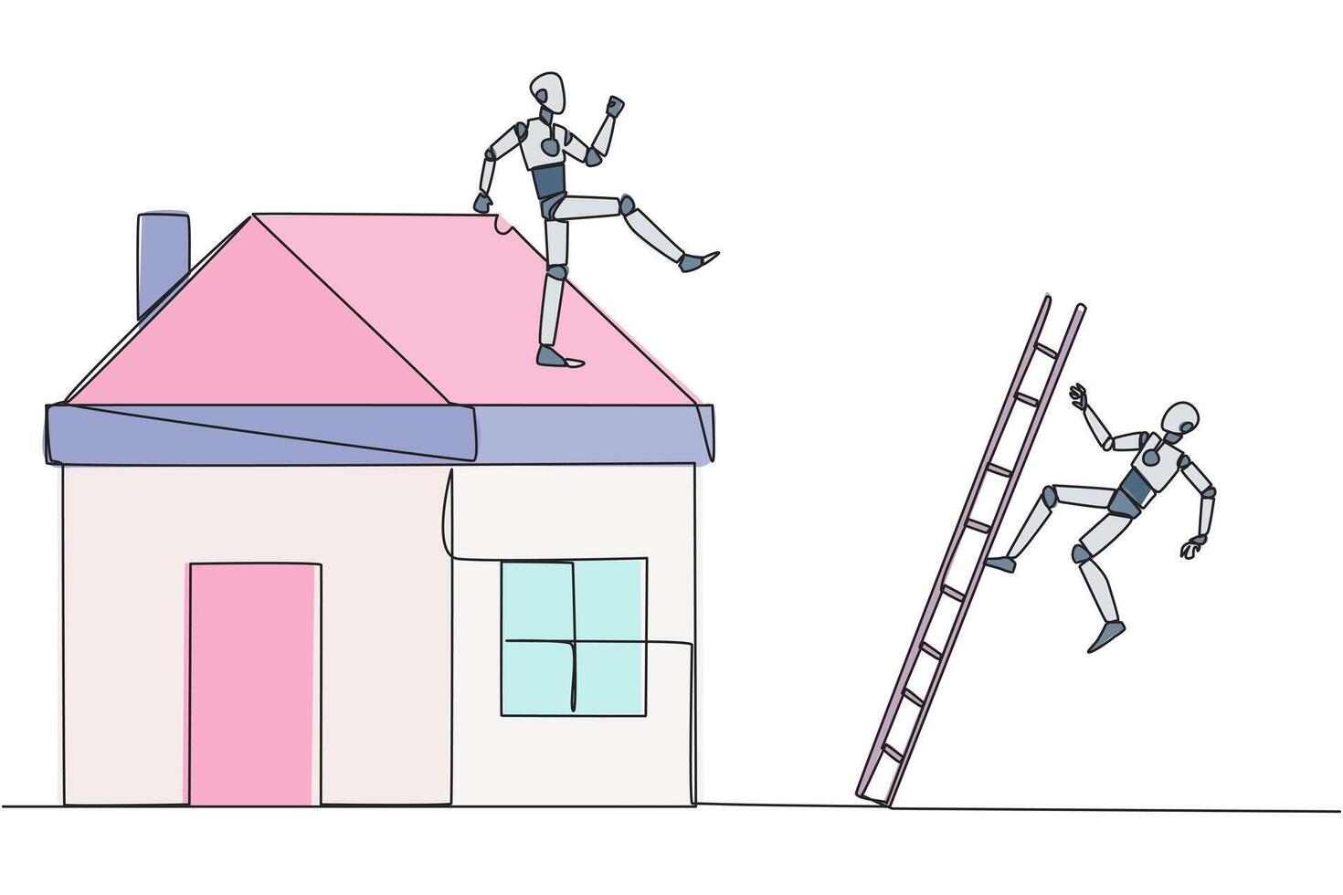 Single continuous line drawing smart robot kicks opponent who climbs a miniature house with stairs. Metaphor of fraud committed by house developers. Bad business. One line design illustration vector