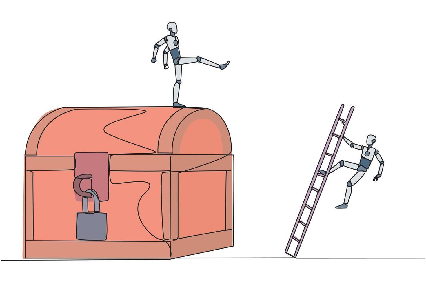 Single one line drawing the smart robot kicks opponent who climbs the treasure chest with ladder. Greed for wealth. Betrayal. Unfair business competition. Continuous line design graphic illustration vector