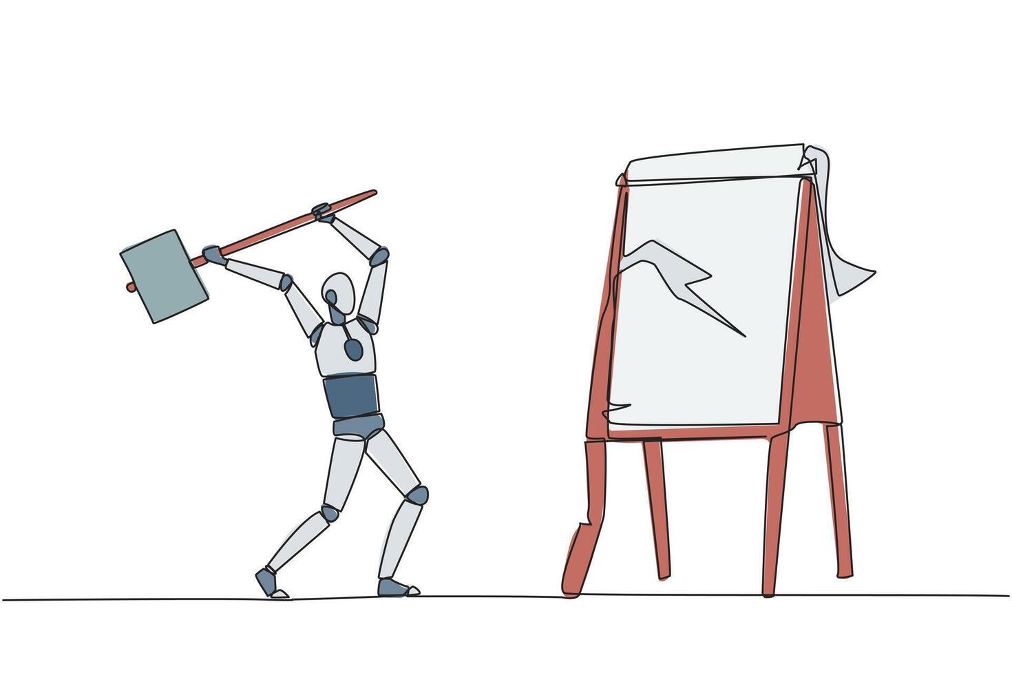 Single one line drawing smart robot preparing to hit big flip chart with hammer. Rampage. Destroy business reports that are not as desired. Anger exploded. Continuous line design graphic illustration vector