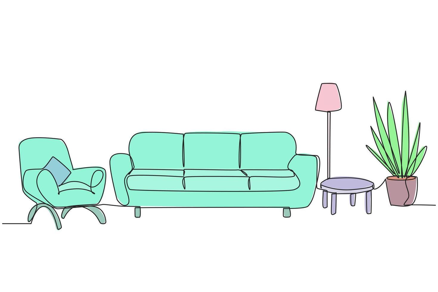Single continuous line drawing stylish living room with full furniture modern. Modern minimalist design. Equipped with floor lamps for lighting needs and armchairs. One line design illustration vector