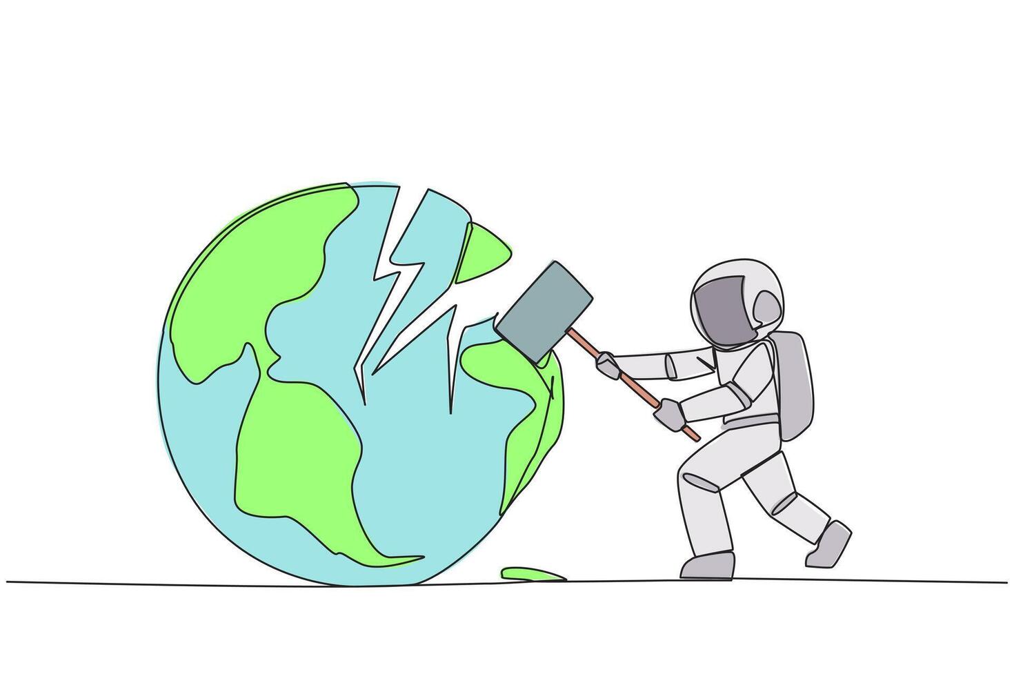 Continuous one line drawing astronaut preparing to hit the big globe. Disappointed with the world. Businesses fall apart before it grow. Deepest anger. Single line draw design illustration vector