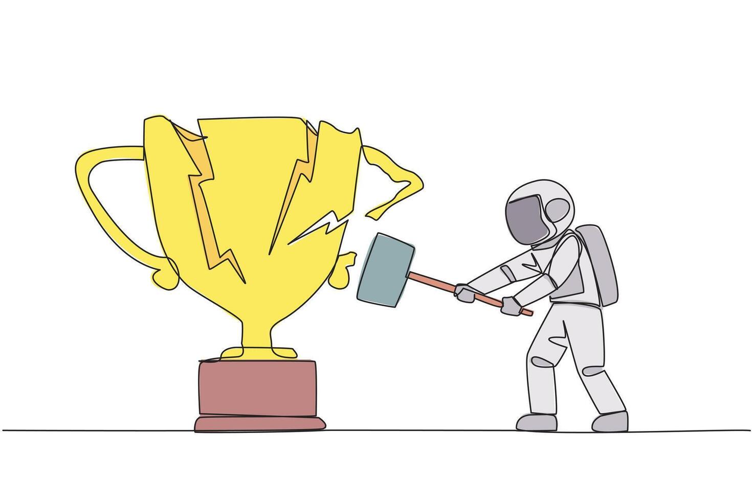 Single continuous line drawing young astronaut preparing to hit the big trophy. Rampage. Expressing mounting anger. Smashing the trophy with a sledgehammer. Failed. One line design illustration vector