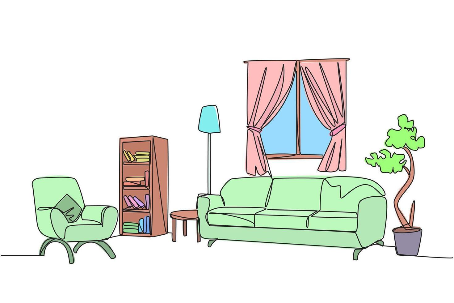 Single one line drawing stylish room with full furniture modern. Furniture showroom with Scandinavian interior design. Open windows with natural lighting. Continuous line design graphic illustration vector
