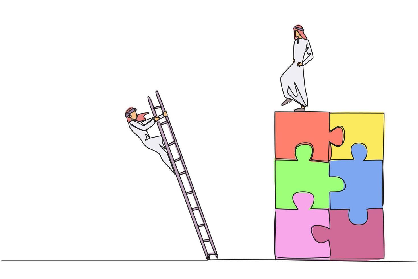 Continuous one line drawing Arab businessman kicks opponent who climbs the puzzle with stairs. Betrayed by colleague when successfully resolving a problem. Single line draw design illustration vector