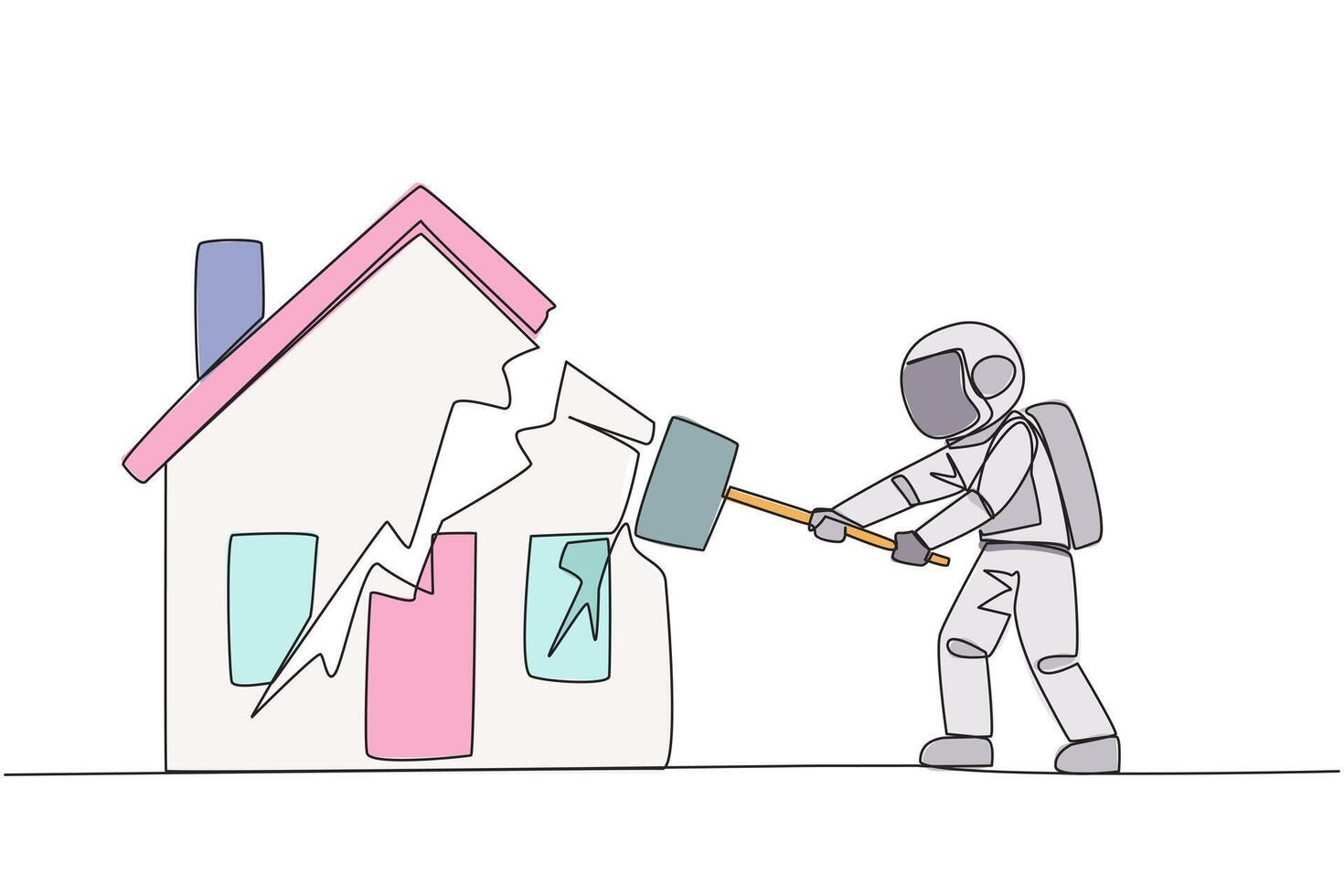 Single one line drawing young astronaut preparing to hit the miniature house. Metaphor of house as collateral for payment. Fails. Home is gone. Bankrupt. Continuous line design graphic illustration vector