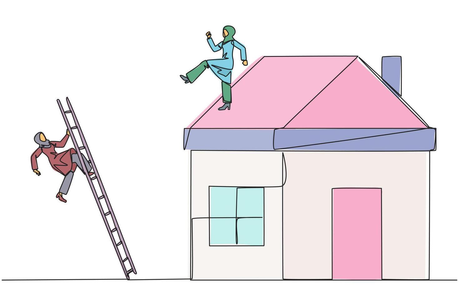 Single continuous line drawing Arab businesswoman kicks rival who climbs miniature house with stairs. Metaphor of fraud committed by house developers. Bad business. One line design illustration vector