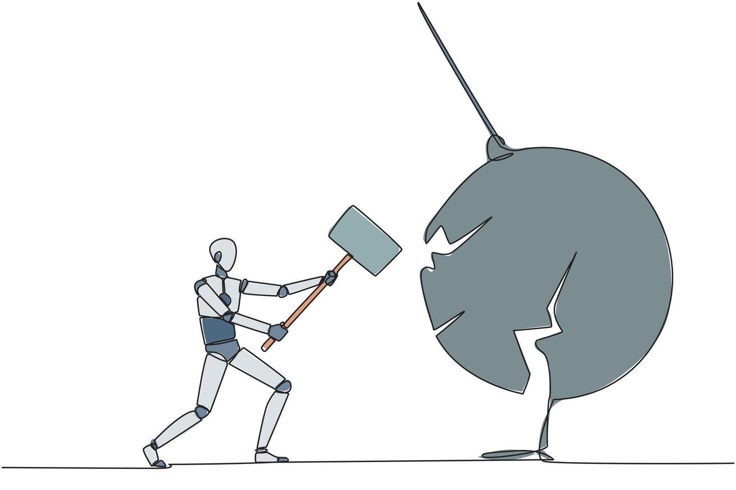 Single one line drawing smart robotic preparing to hit big swinging pendulum. Metaphor eliminate business distraction. Number one to be a business keeper. Continuous line design graphic illustration vector