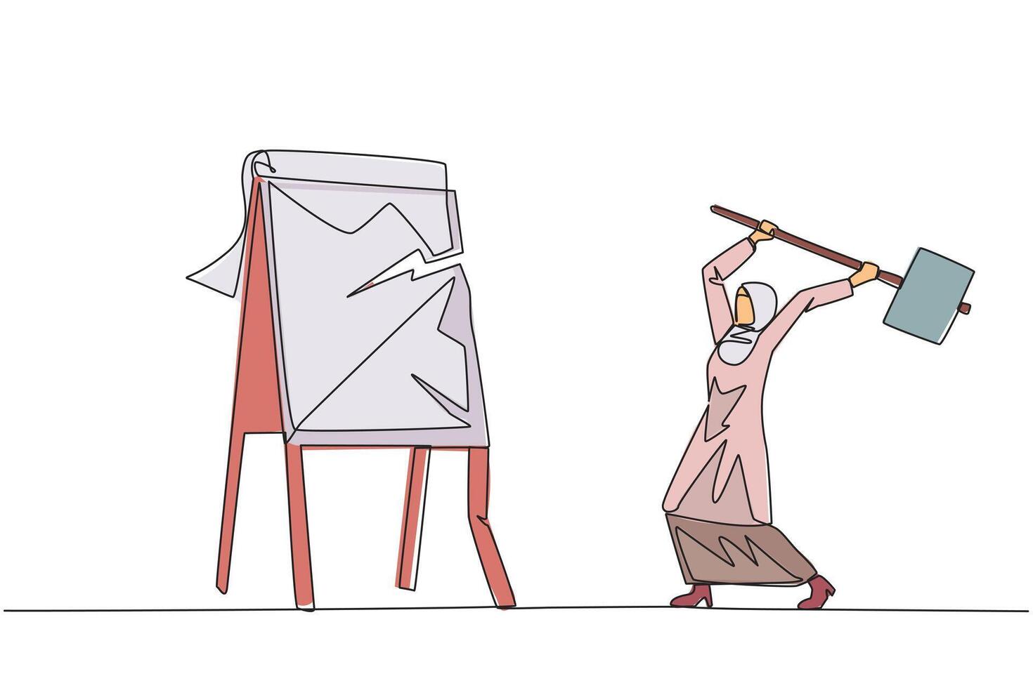 Single one line drawing Arab businesswoman preparing to hit the big flip chart. Rampage. Destroy business reports that are not as desired. Anger exploded. Continuous line design graphic illustration vector