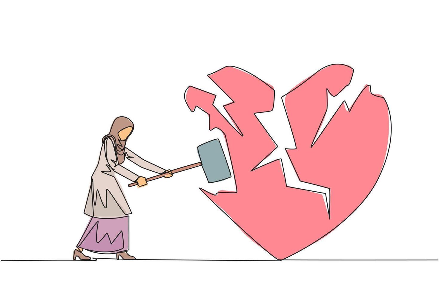 Single continuous line drawing Arabian businesswoman preparing to hit the big heart. Broken heart. Loss of concentration. Emotional feeling. No direction. Angry. One line design illustration vector