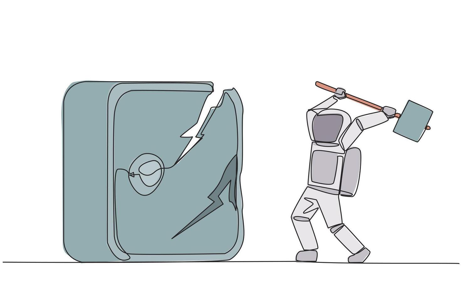 Single one line drawing young astronaut preparing to hit the big safe deposit box. Boss is furious want to destroy with hammer. Angry cosmonaut. Lost. Continuous line design graphic illustration vector