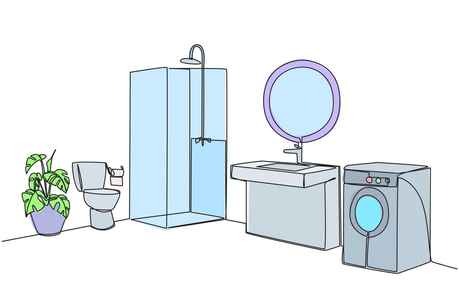 Continuous one line drawing minimalist layout in one image. There is a washing machine, shower and toilet in the same room. Neat and clean. Minimalist. Single line draw design illustration vector