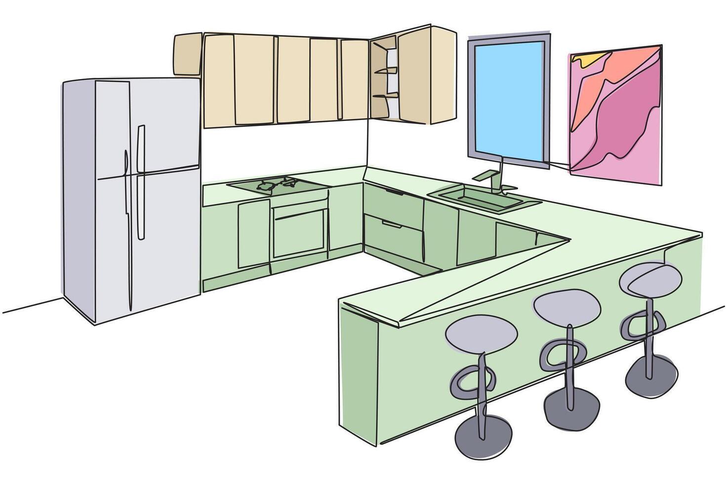 Single one line drawing stylish kitchen with full furniture modern. A place to eat in mini bar style. Fully furnished. Modern kitchen that is very clean. Continuous line design graphic illustration vector