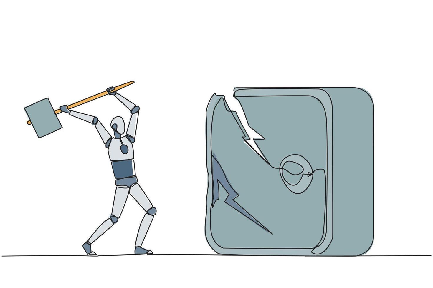 Single continuous line drawing smart robotic preparing to hit the big safe deposit box. Boss is furious want to destroy with hammer. The angry robot. AI tech. One line design illustration vector