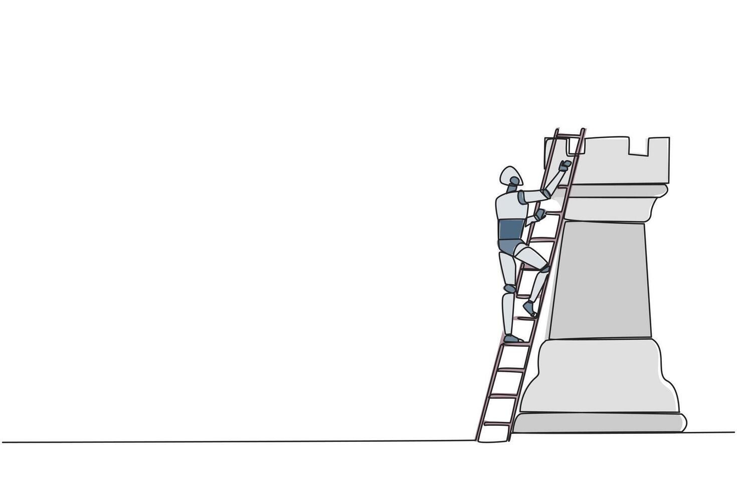 Single continuous line drawing smart robotic climb huge rook chess piece with ladder. Business strategy and marketing plan. Strategic move in business concept. One line design illustration vector