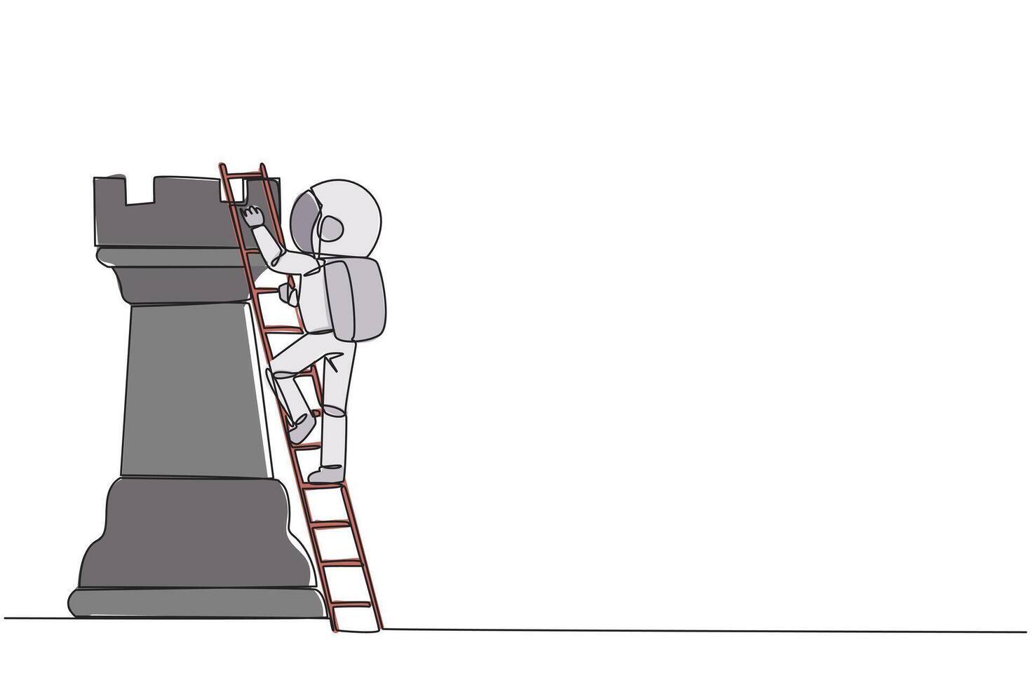 Single one line drawing young astronaut climb huge rook chess piece with ladder. Business strategy and marketing plan. Strategic move in business concept. Continuous line design graphic illustration vector