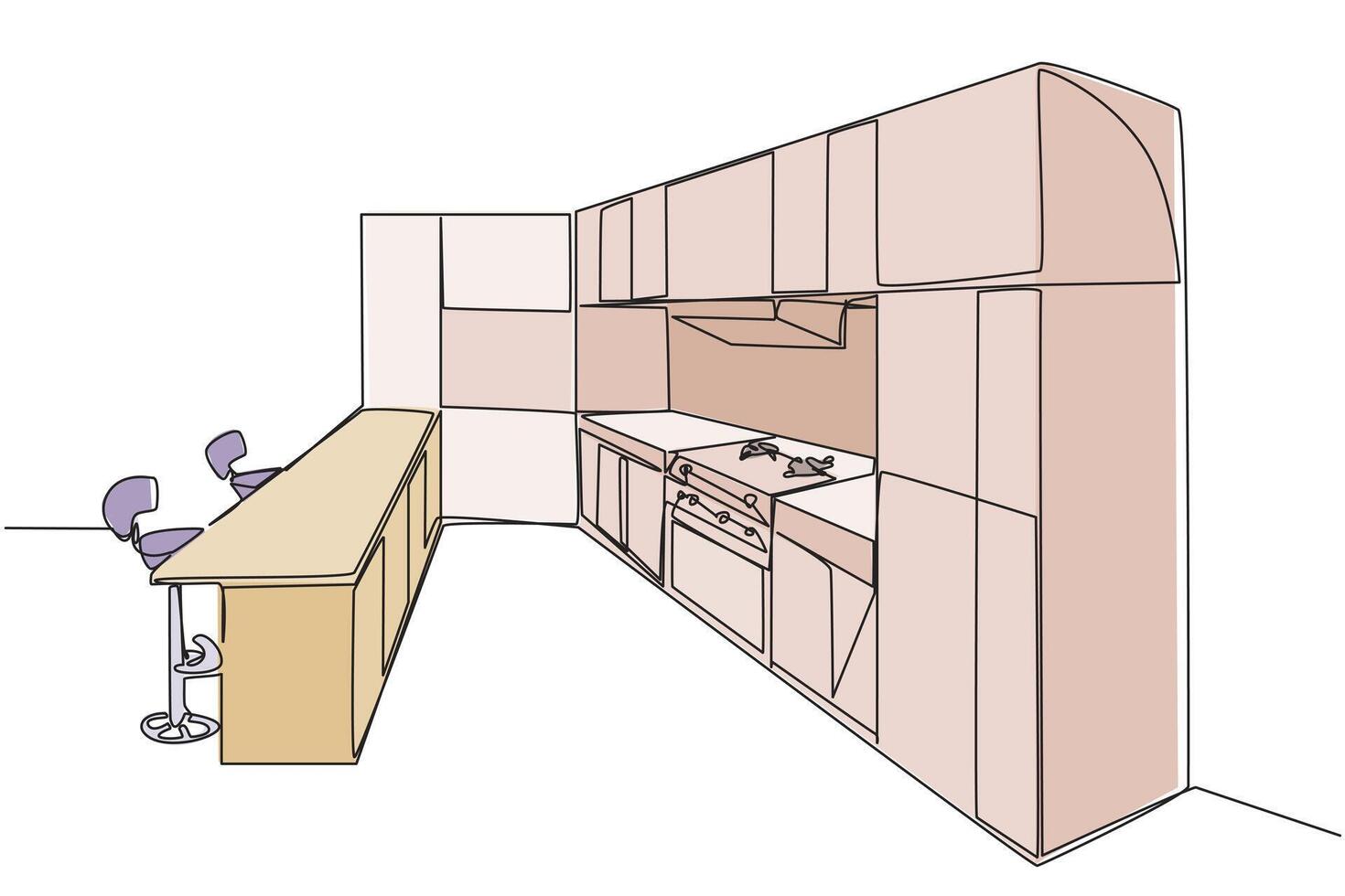 Single one line drawing stylish kitchen with furniture modern. Modern kitchen concept. A place to eat in mini bar style. Modern kitchen that is very clean. Continuous line design graphic illustration vector