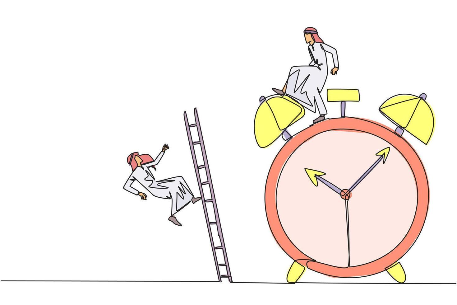 Continuous one line drawing Arab businessman kicks rival who climbs alarm clock with ladder. Arrogance. No need for colleagues to complete many deadlines. Single line draw design illustration vector