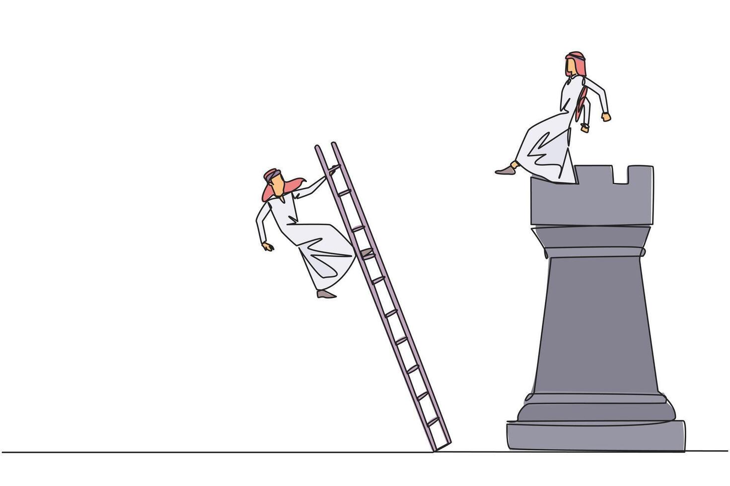 Single one line drawing Arab businessman kicks rival who climbs the chess rook with ladder. Wrong move. Wrong strategy. Plan leaked by colleague. Traitor. Continuous line design graphic illustration vector