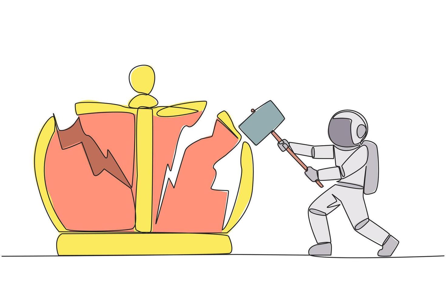 Single continuous line drawing young astronaut preparing to hit the big crown. Destroying the symbols of authoritarian kingdom. Expect justice for business people. One line design illustration vector