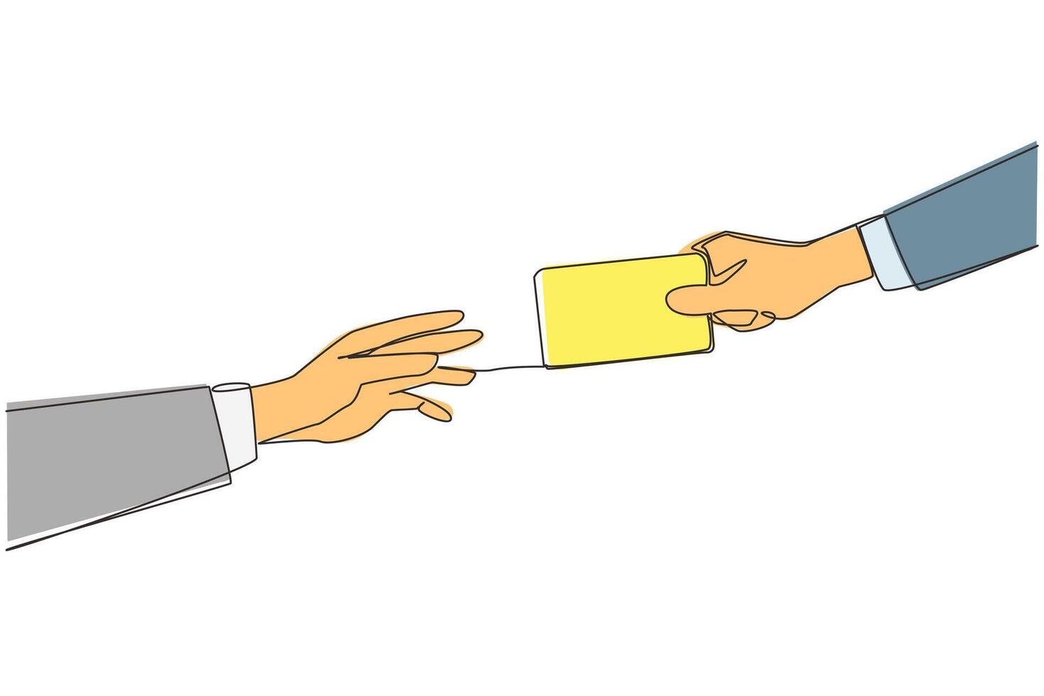 Single continuous line drawing hand giving debit card. Payment transactions carried out non-cash. Use cards to make things easier. Technology that makes it easy. One line design illustration vector