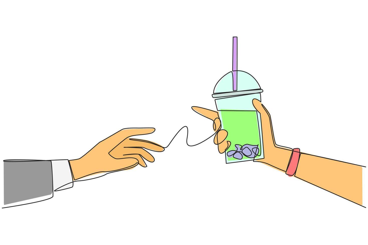 Single one line drawing hand giving boba drink. Refreshing drink that is high in sugar content. Drinks containing carbohydrates. Refreshing drink in summer. Continuous line design graphic illustration vector