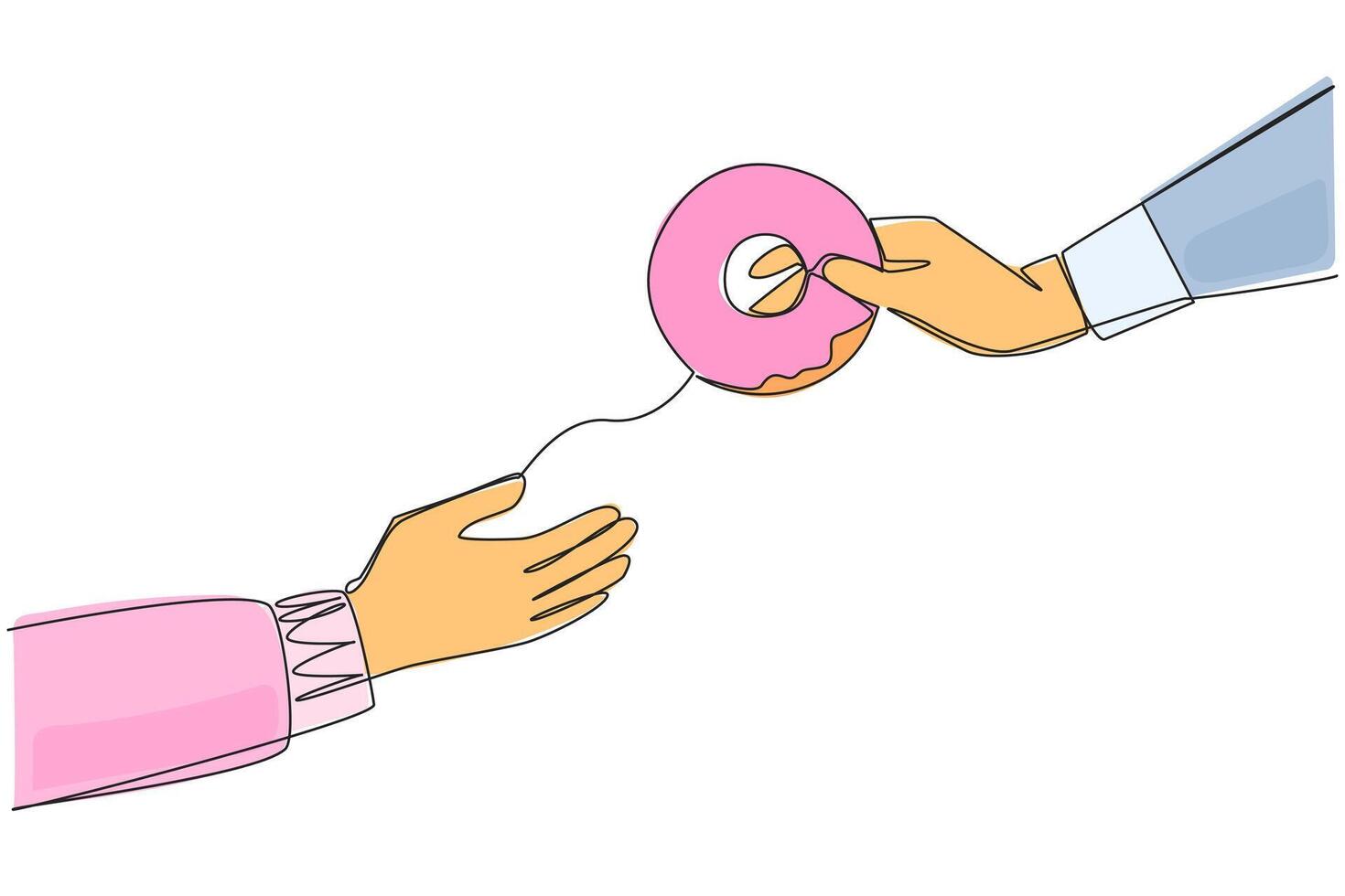 Single one line drawing hand giving donut. Provides soft donut snacks. Want to enjoy light and sweet food together. Share moments of togetherness. Enjoy. Continuous line design graphic illustration vector