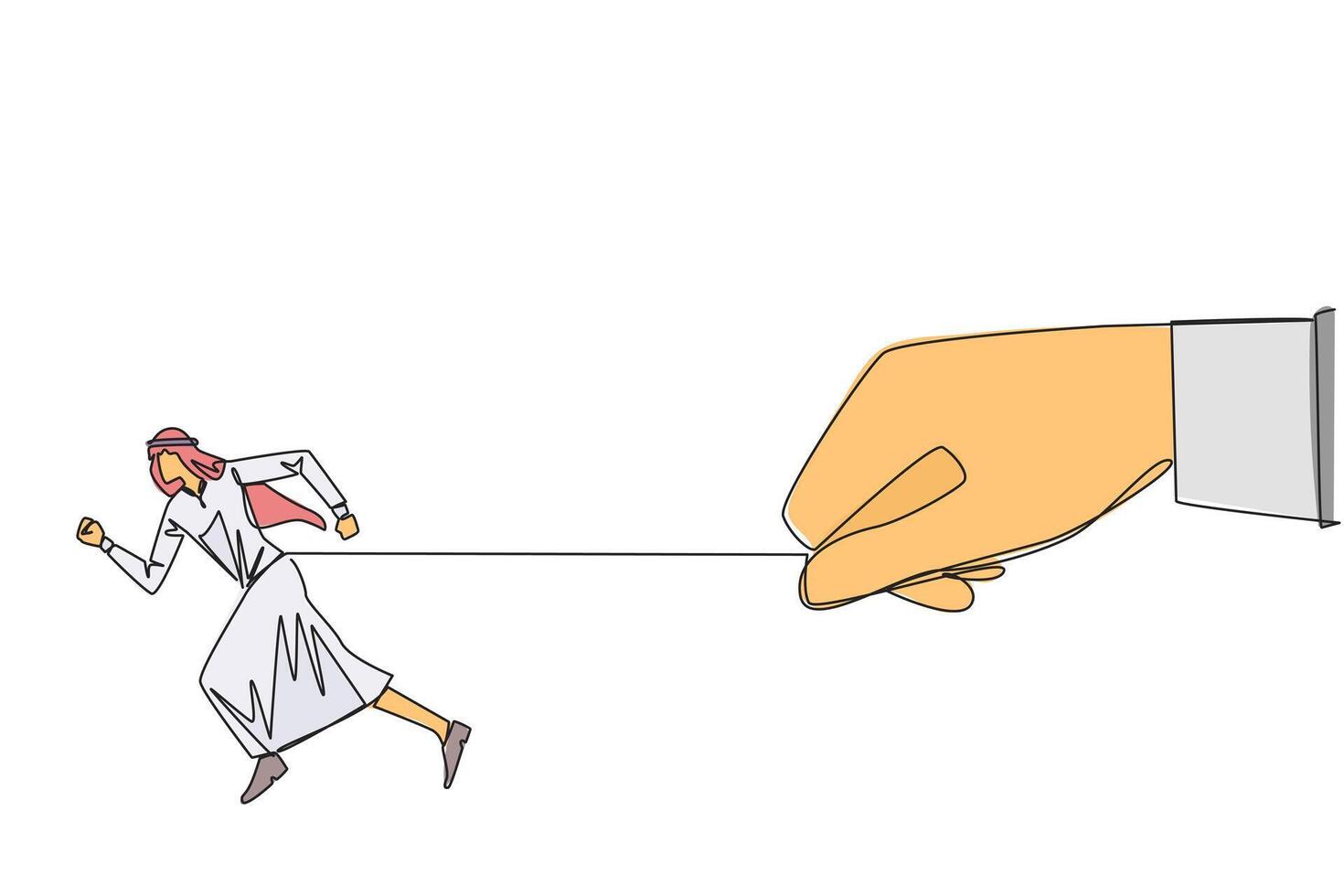 Single one line drawing Arab businessman run but stomach is tied. Difficult to develop, business running in place. There are not many benefits to be gained. Continuous line design graphic illustration vector