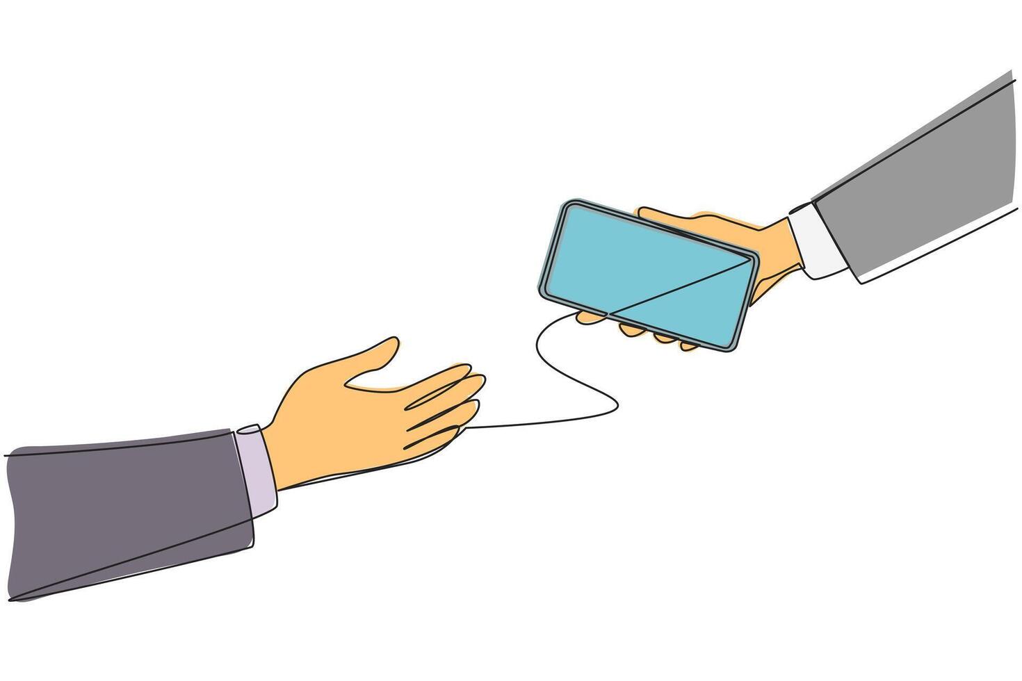 Continuous one line drawing a businesswoman's hand gives a handphone to colleague. Exchange telephone numbers. Establish relationships with new relations. Single line draw design illustration vector