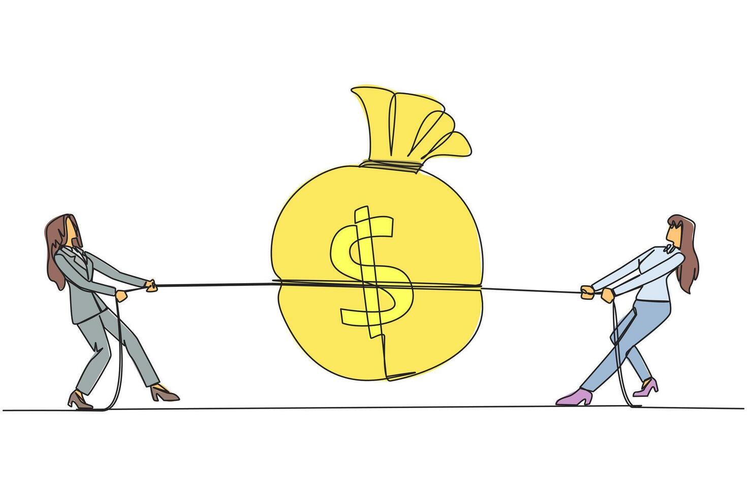 Single continuous line drawing two businesswomen fighting over a money bag. Competition for the bigest money. Compete to reap as many profits as possible. Greedy. One line design illustration vector