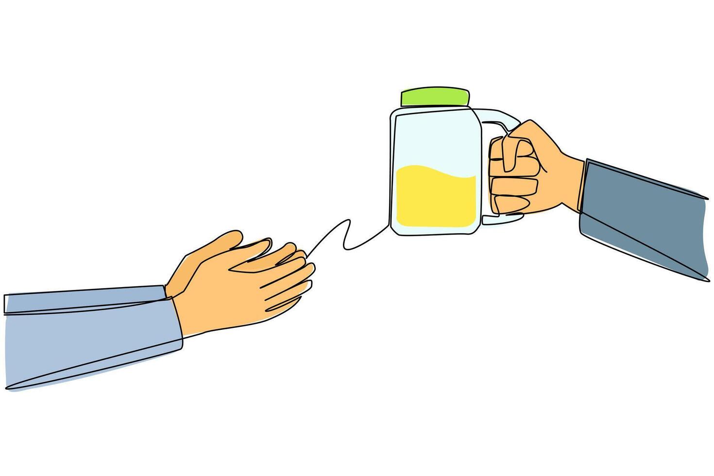 Single continuous line drawing hand giving lemonade drink. A fresh drink that helps prevent someone from anemia. This drink can also increase endurance. Refreshing. One line design illustration vector