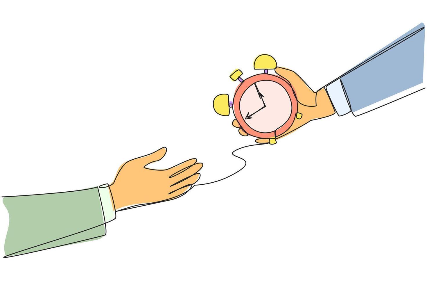 Single one line drawing hand gives alarm clock to colleague. Submit difficult assignments so as not to miss deadline. Share tasks to keep business running. Continuous line design graphic illustration vector