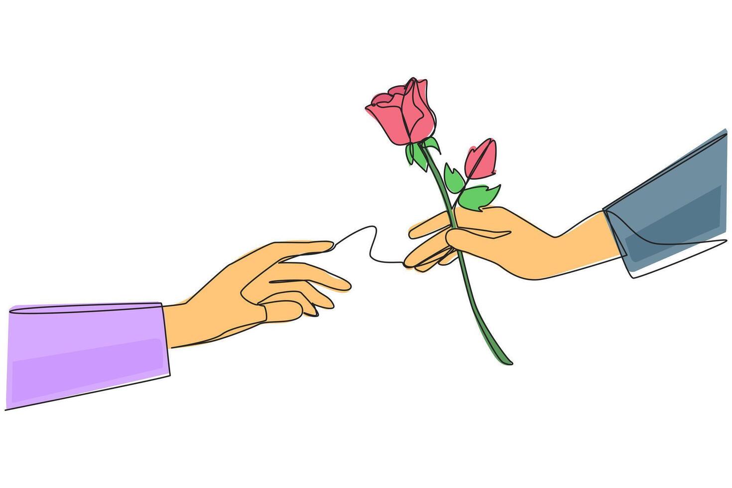 Single continuous line drawing a man's hand gives a rose to a woman. Trying to do the slightest romantic thing. Doing seduction. Romantic couple. Relationship. One line design illustration vector