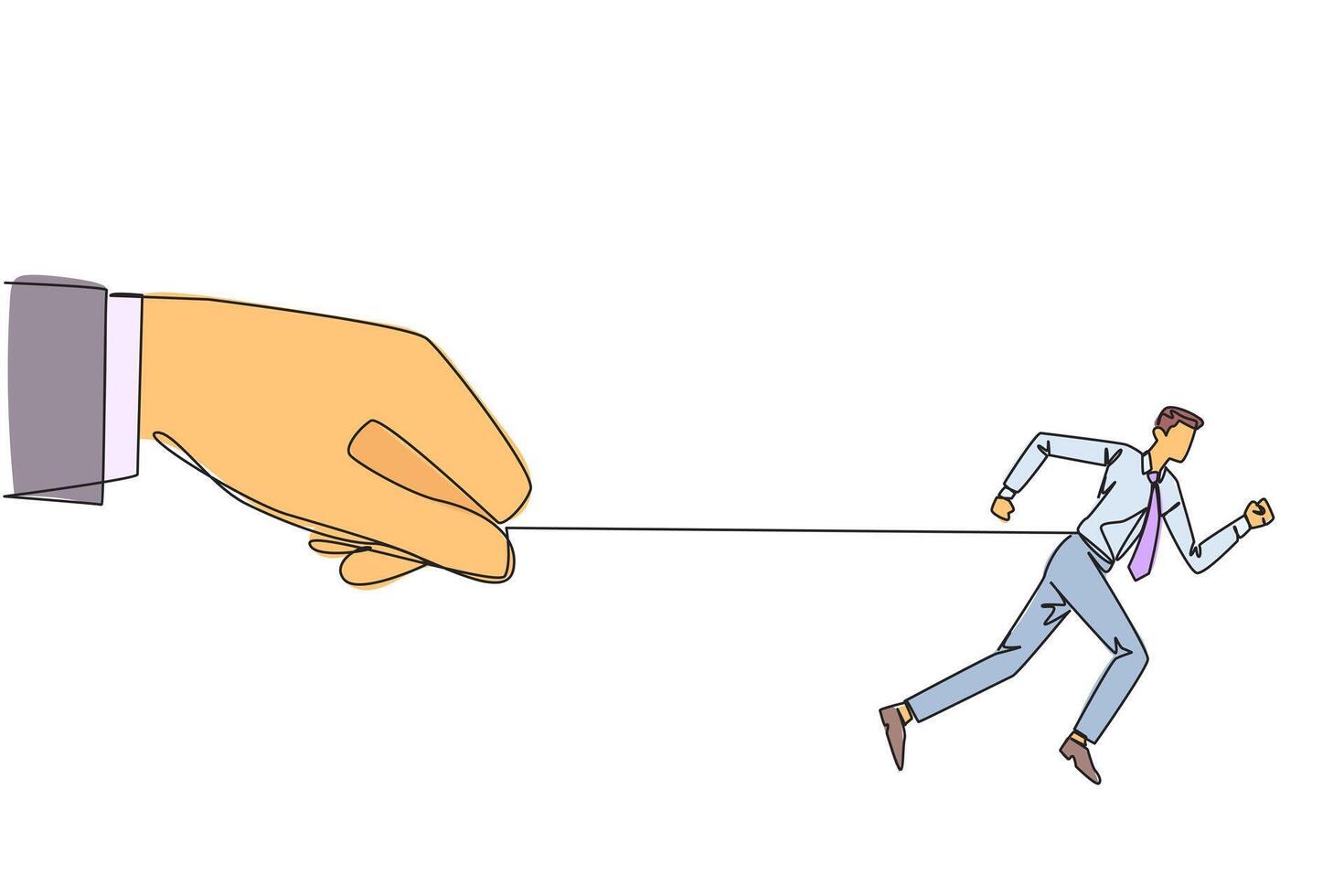 Single continuous line drawing businessman runs but stomach is tied. Held and controlled by a big hand behind. Business cannot grow. Being in difficult position. One line design illustration vector