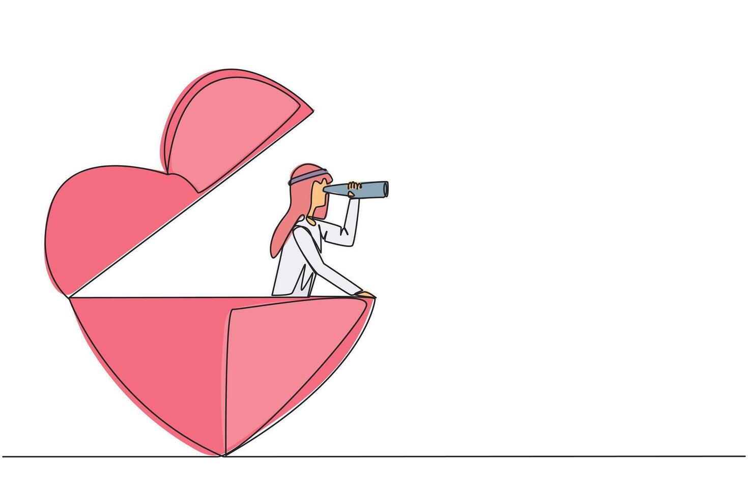 Continuous one line drawing Arabian businessman appears out of a heart shape looking for something through binoculars. Work life balance. Nobody get hurt. Single line draw design illustration vector