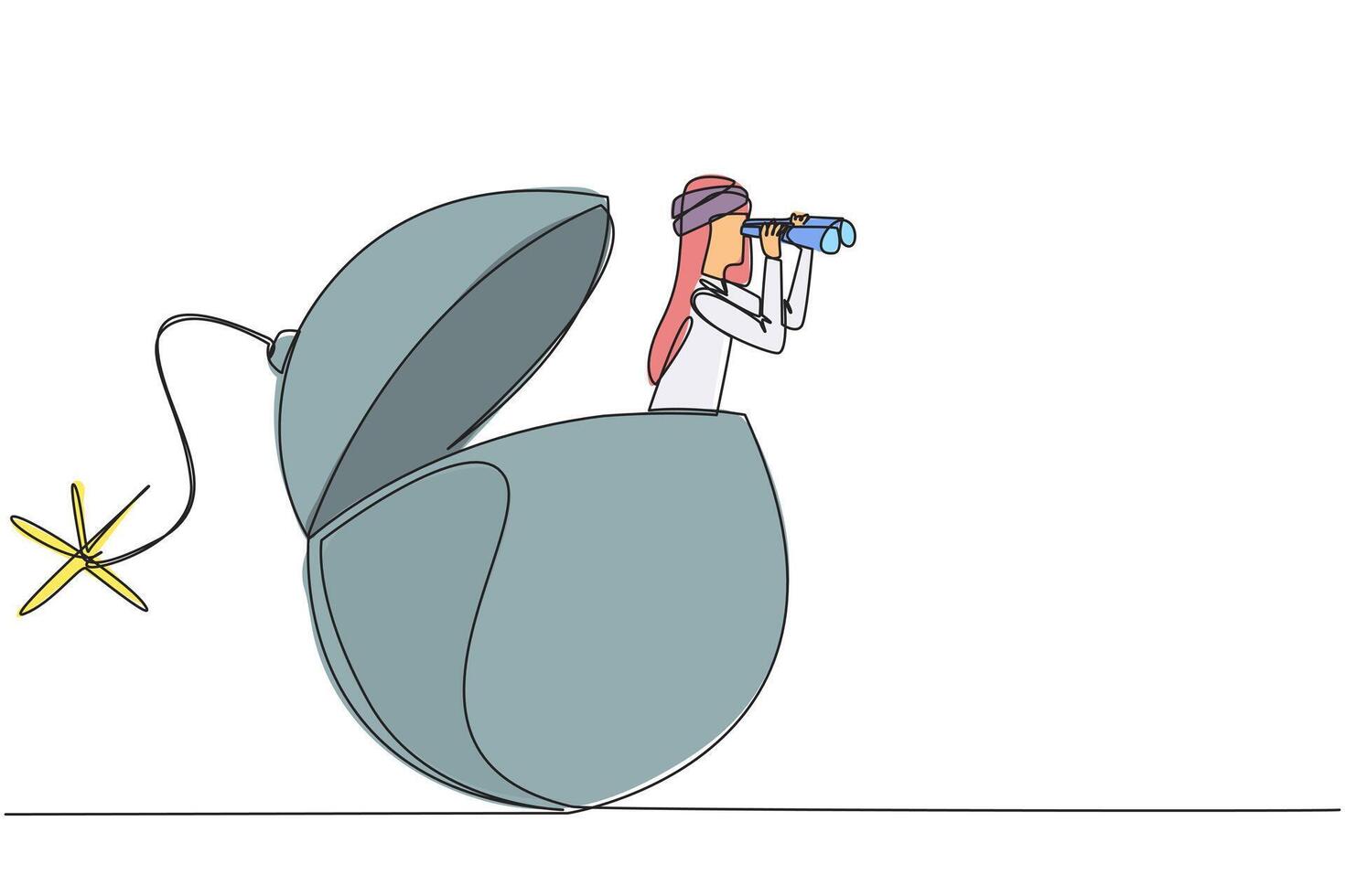 Continuous one line drawing Arab businessman emerges from bomb with a burning fuse look for something with binoculars. Big risks are coming. Early warning. Single line draw design illustration vector