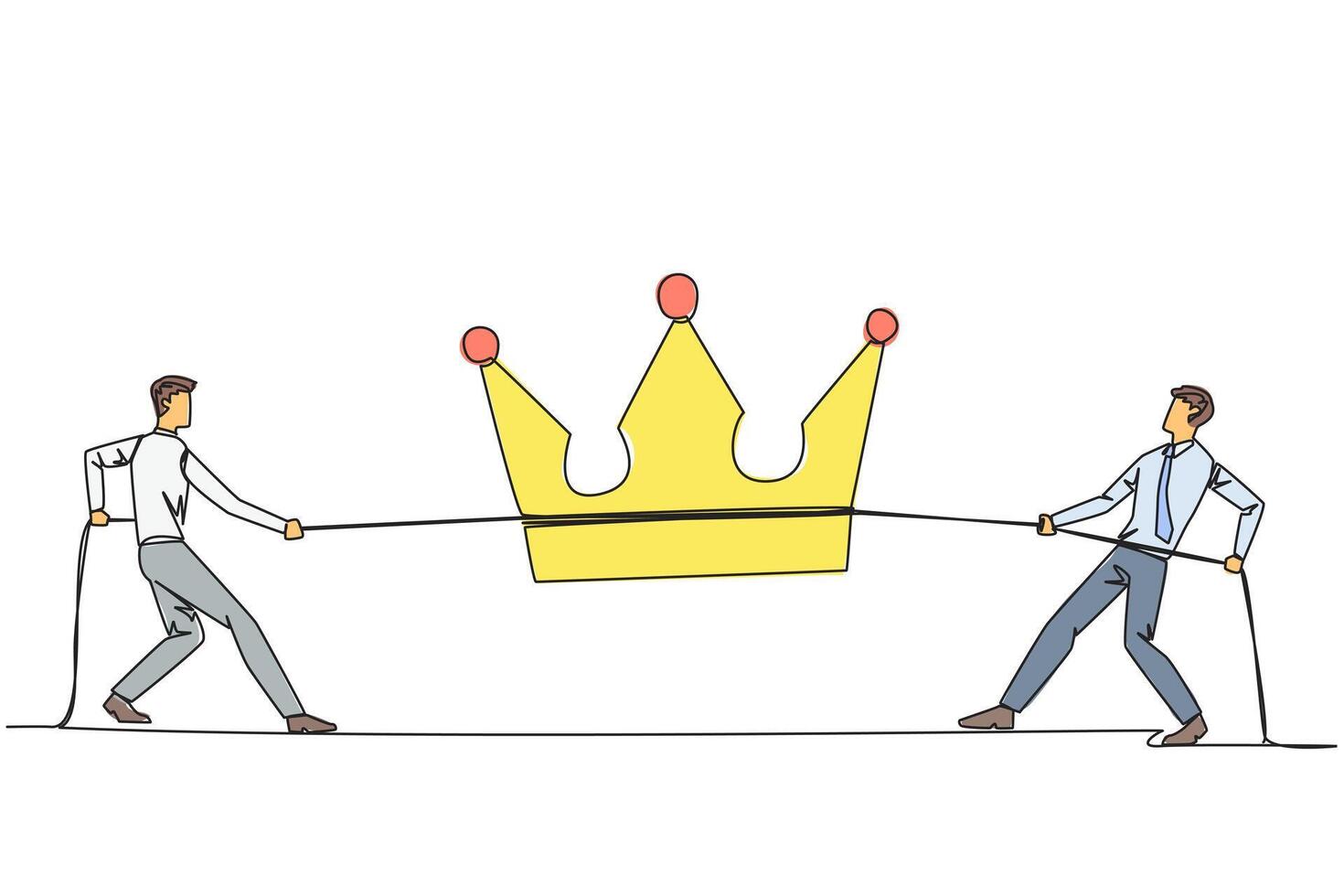 Single one line drawing two businessmen fight for the crown. Competition to create highly profitable business empire. Mastering market economy. Monopoly. Continuous line design graphic illustration vector