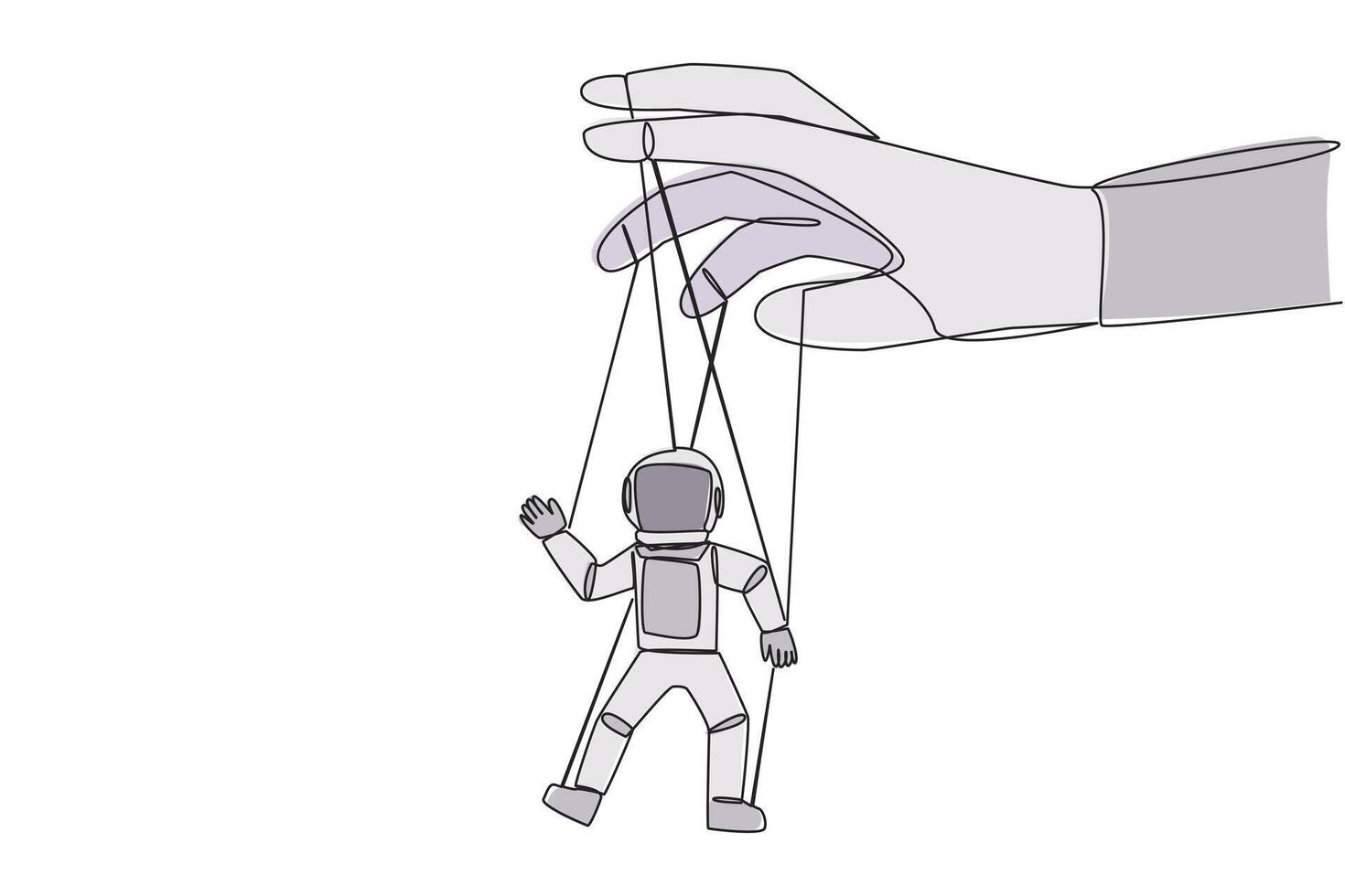 Single continuous line drawing astronaut walk by being moved by ropes controlled by a giant hand above. Very weak policy. A helpless astronaut doll. Outer space. One line design illustration vector