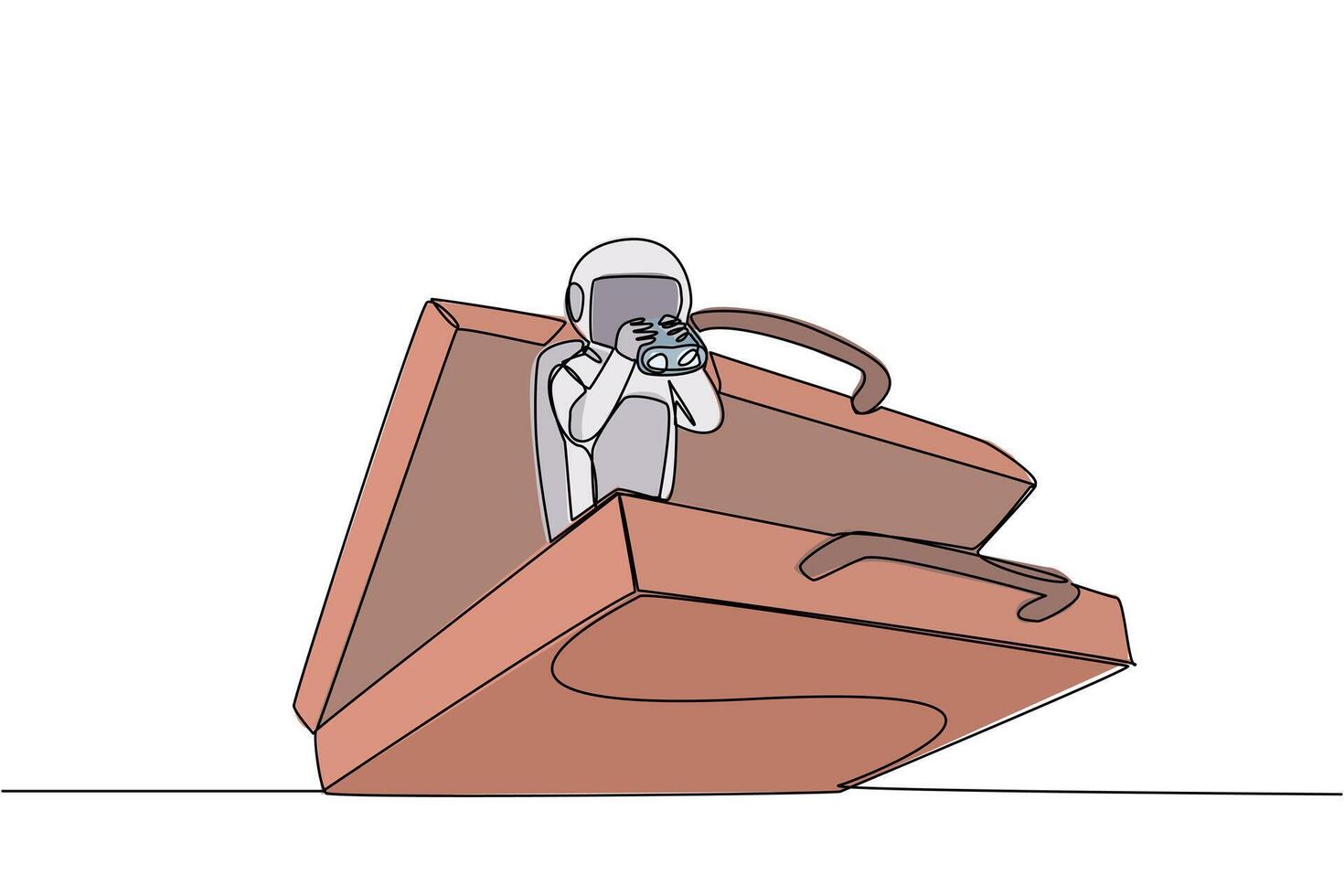 Single continuous line drawing astronaut emerges from briefcase looking for something through binocular. Comfortable bag to carry for observations of lunar surface. One line design illustration vector