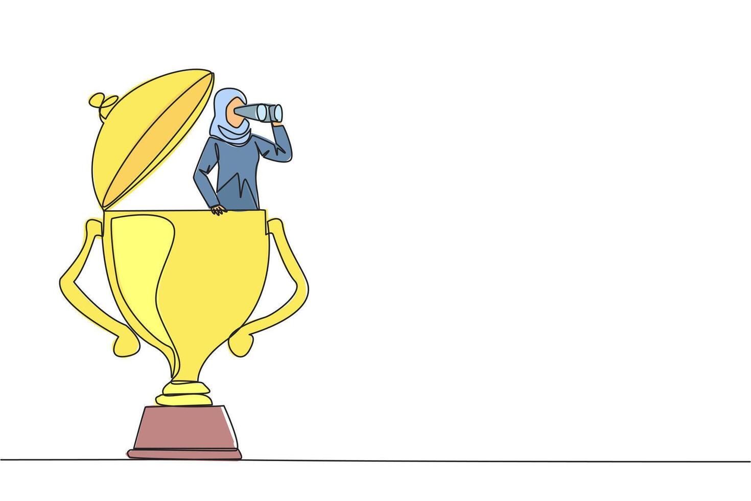 Single one line drawing Arab businesswoman emerges from trophy looking for something through binoculars. Get ready to win the many rewards that await. Continuous line design graphic illustration vector