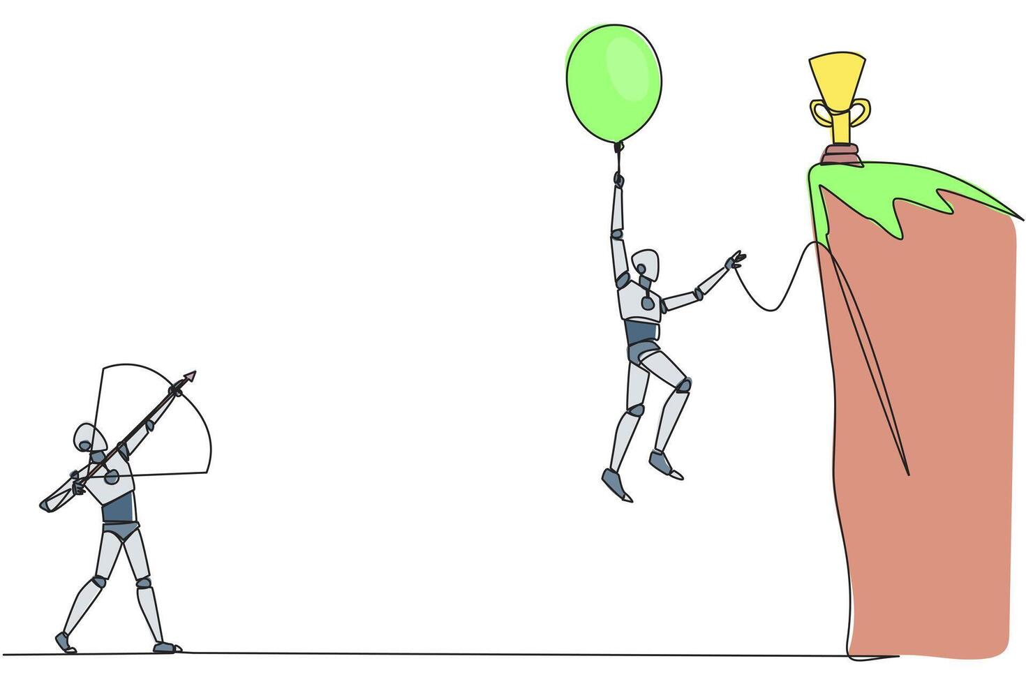 Continuous one line drawing smart robot wants to achieve prizes at the peak of the career. Getting resistance from all directions. Painful failure. Traitor. Single line draw design illustration vector