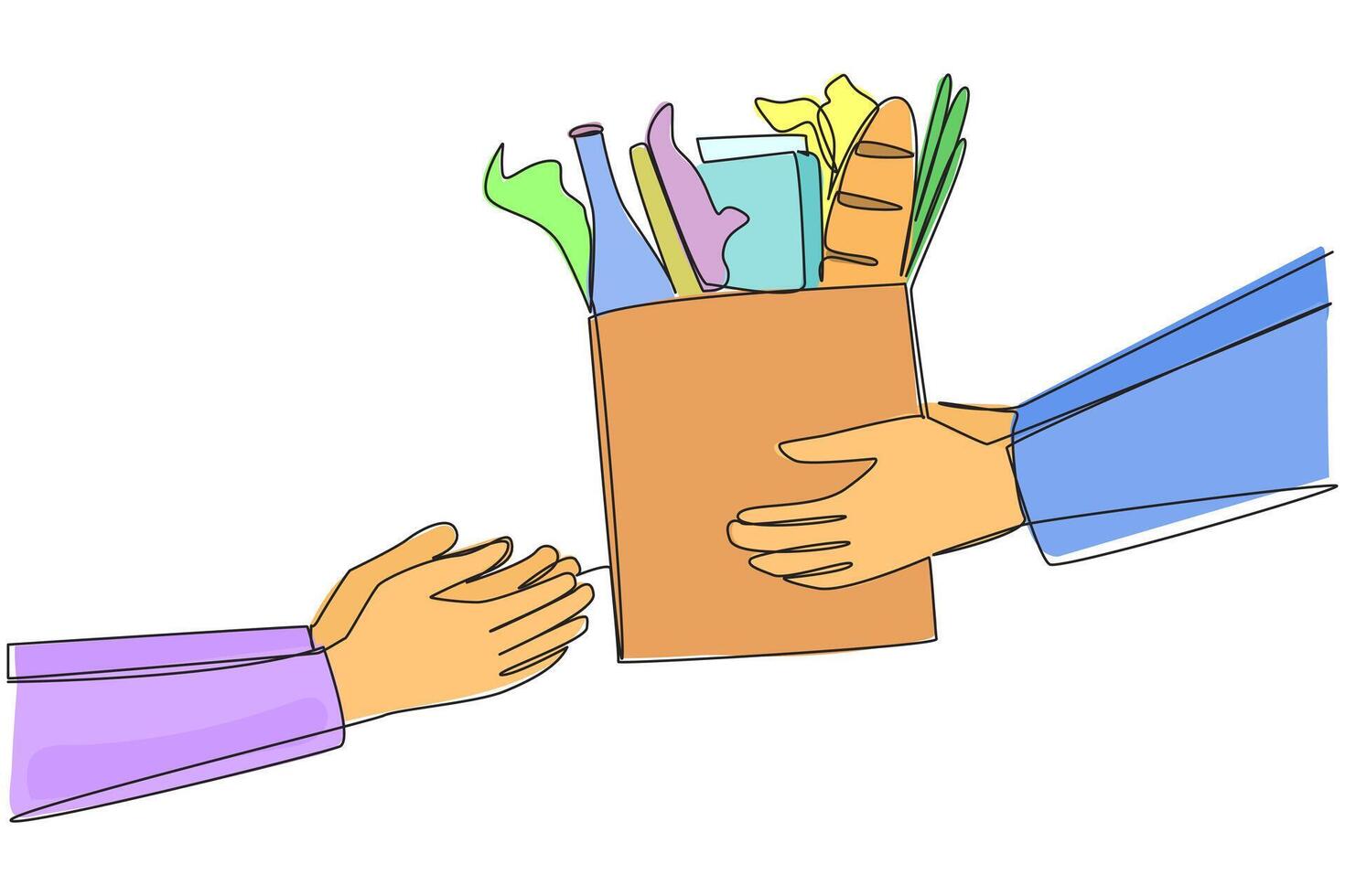 Continuous one line drawing hand giving grocery bag. Very environmentally friendly shopping bags. Able to carry various types of food. Protect the earth. Single line draw design illustration vector