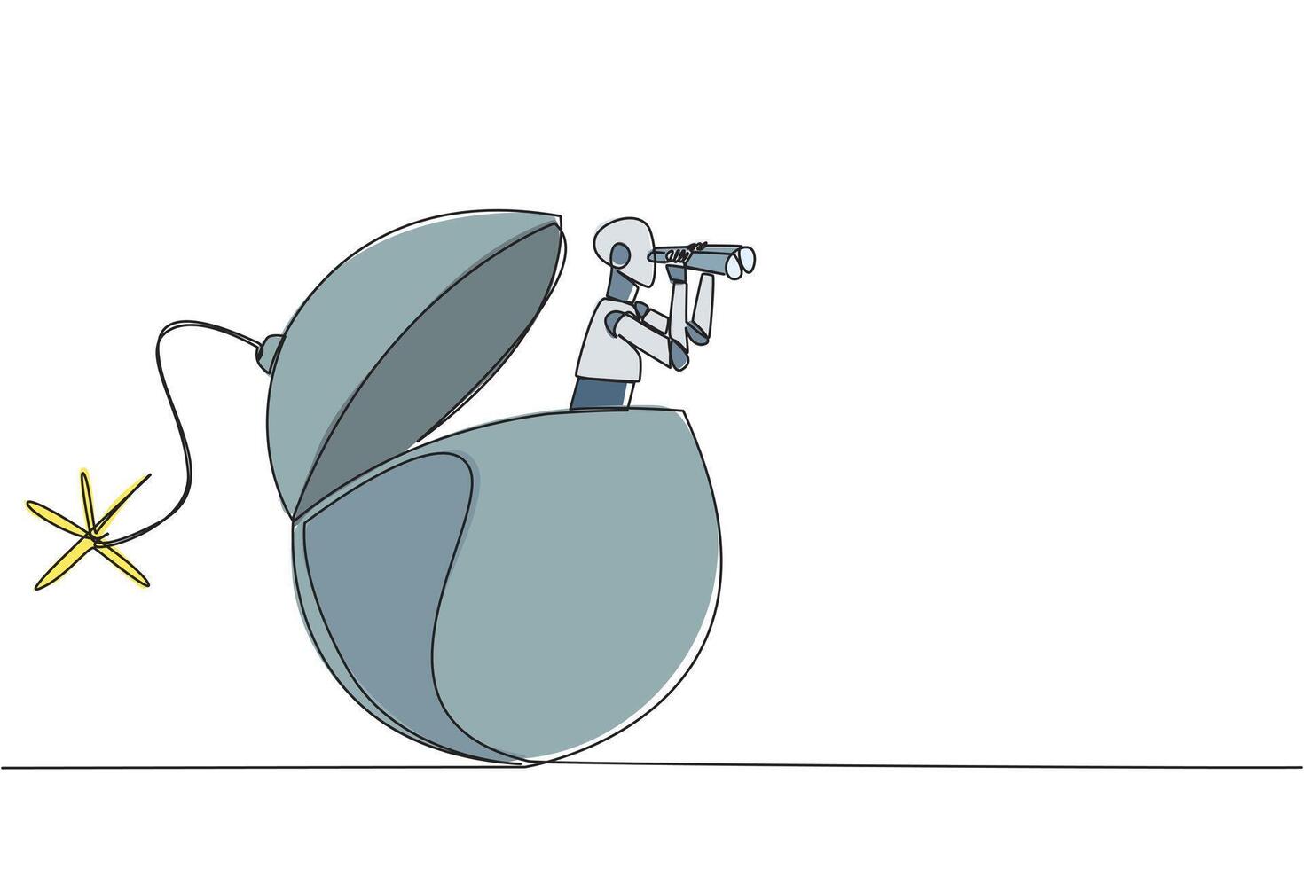 Single continuous line drawing a smart robot emerges from bomb with burning fuse looking for something with binoculars. Scan. Analyze the level of danger. Deadline. One line design illustration vector