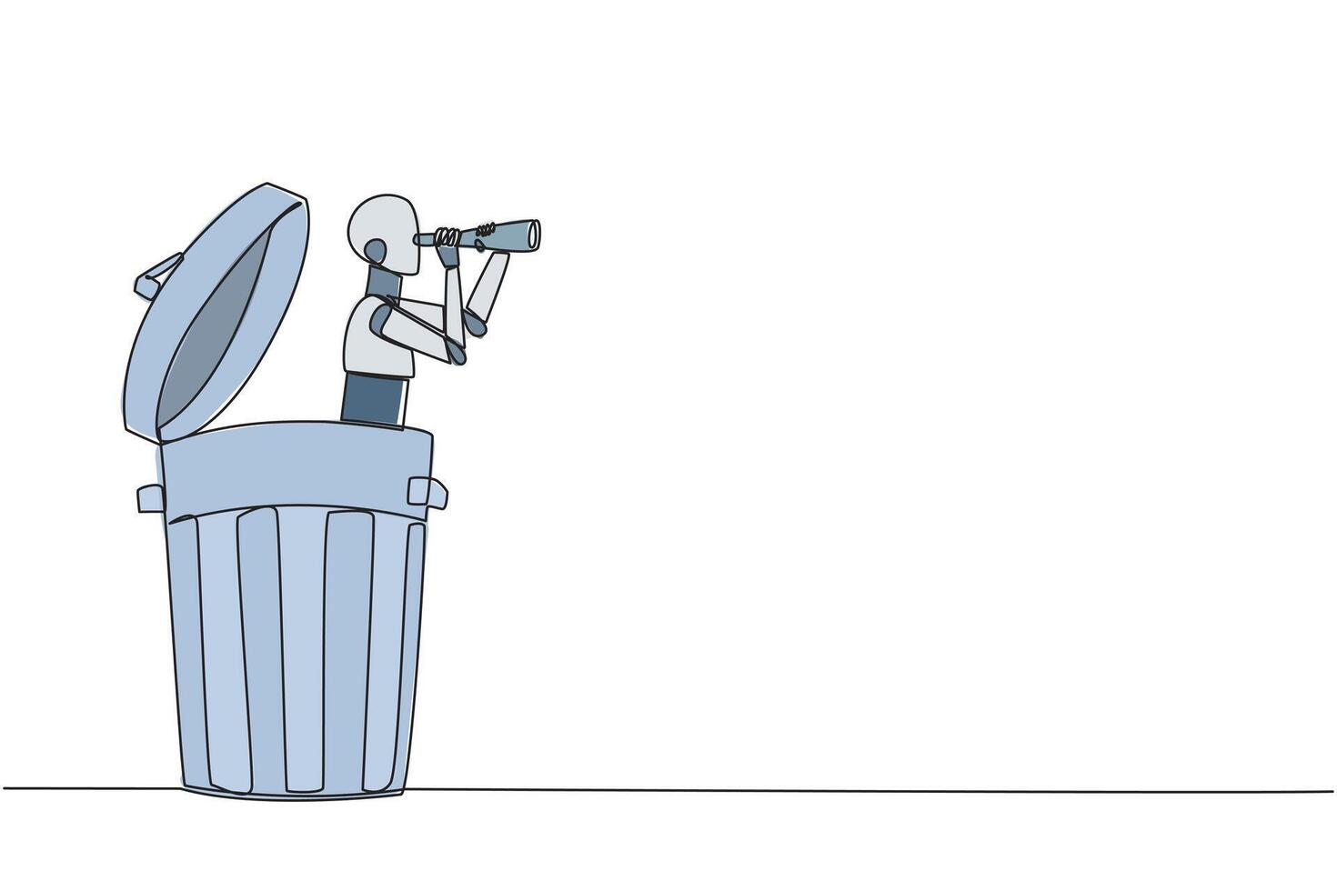 Continuous one line drawing a robot emerges from trash bin looking for something through binocular. Scan. Analyze recyclable materials. Environmental care. Single line draw design illustration vector