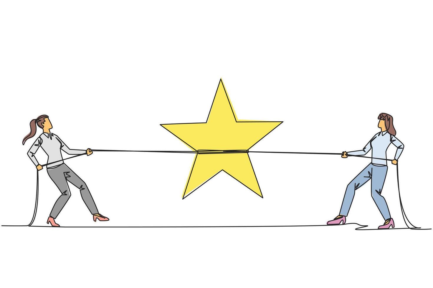 Continuous one line drawing two businesswomen fighting for a shiny star. Competition for award stars. Competition to become the best businesswoman. Dreams. Single line draw design illustration vector