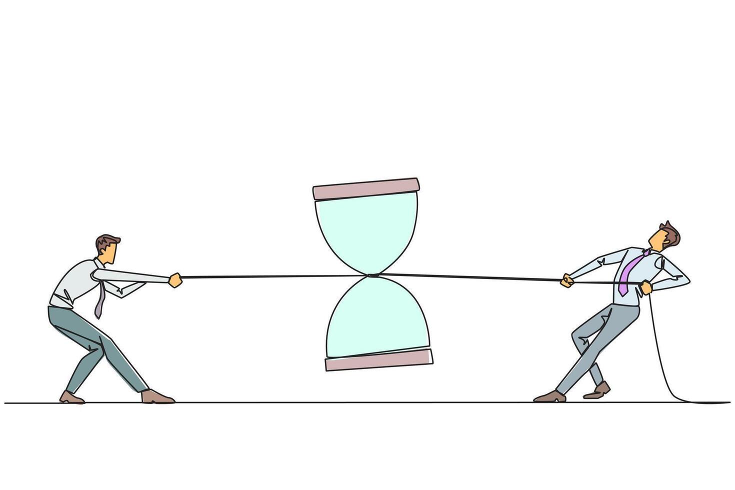 Single continuous line drawing two businessmen fighting over an hourglass. Chasing each other against time. Deadline is approaching. Complete the business report. One line design illustration vector