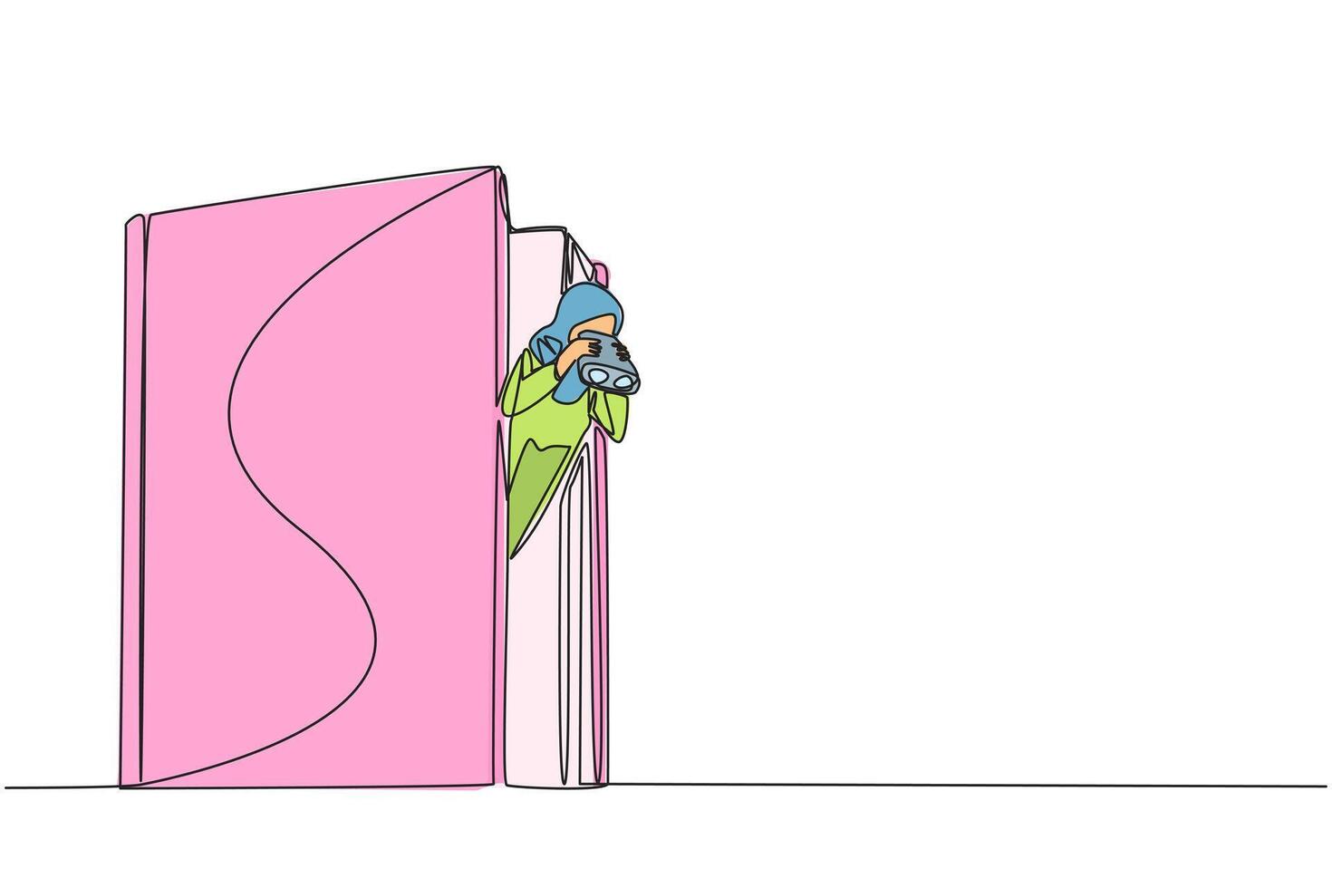 Single continuous line drawing Arab businesswoman appears out of old book look for something with binocular. Equating people's stories with history written in book. One line design illustration vector