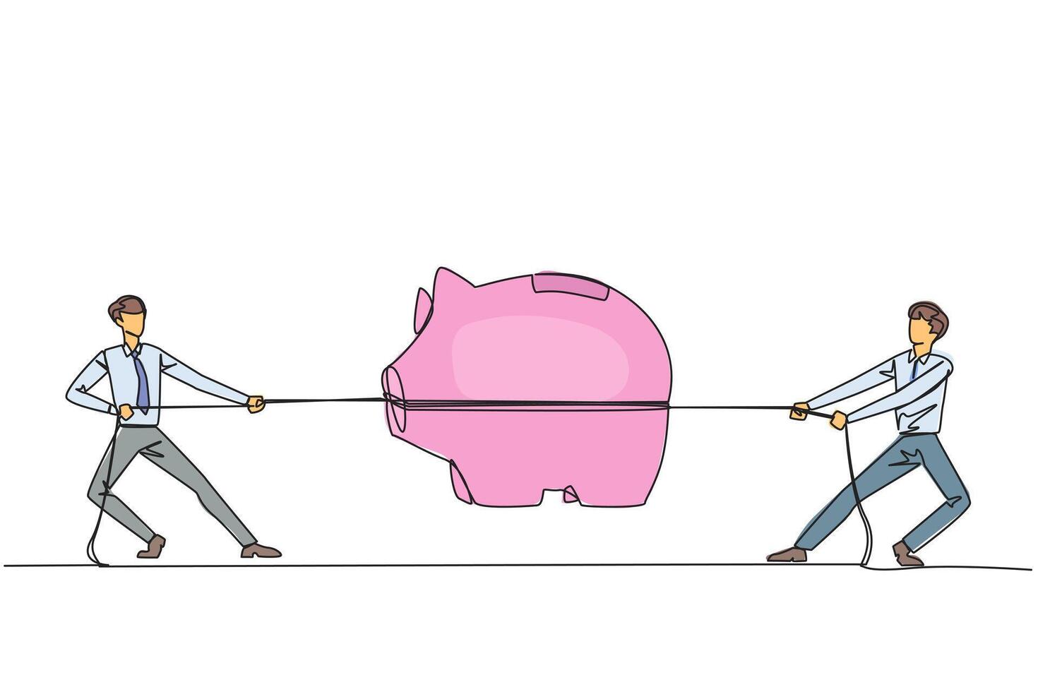 Continuous one line drawing two businessmen fighting over a piggy bank. Competition for investment. Trying to get a good life in retirement. Decent old age. Single line draw design illustration vector
