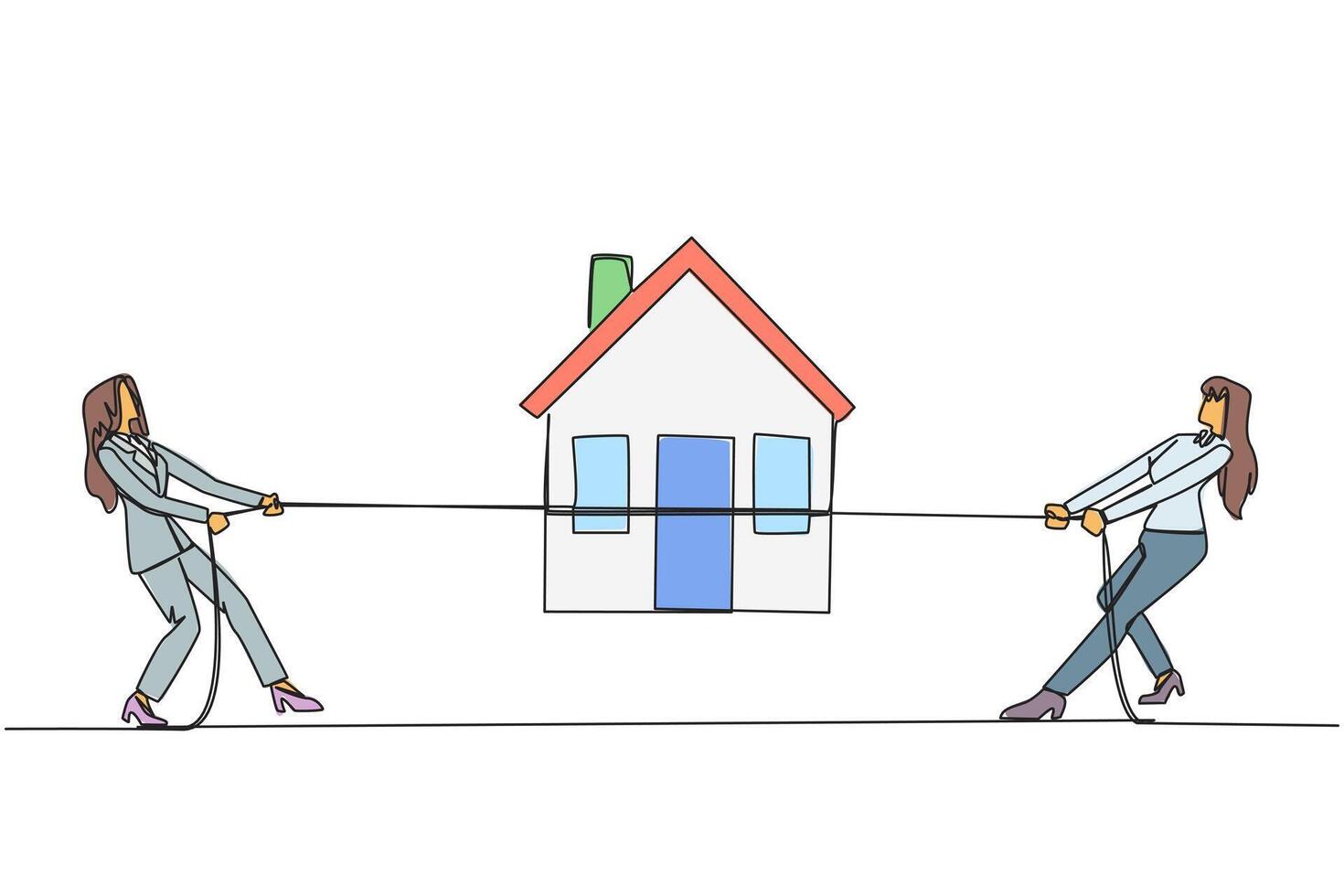 Continuous one line drawing two businesswomen fight over miniature house. Compete to get decent life in retirement. The most comfortable place. Investment. Single line draw design illustration vector