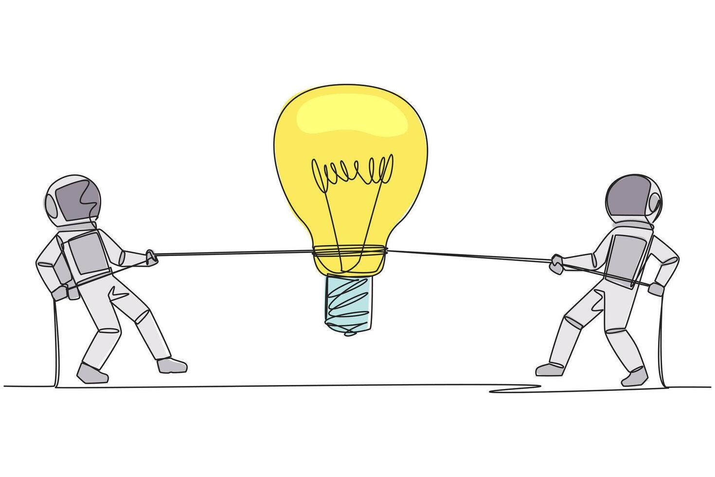 Single continuous line drawing two astronauts fighting over lightbulb. Compete to find solutions to problems faced outer space. Lack of unity. Cosmonaut deep space. One line design illustration vector